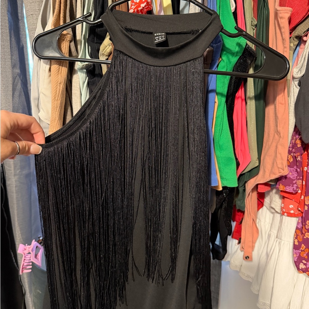 Black Fringe Halter Neck Bodysuit